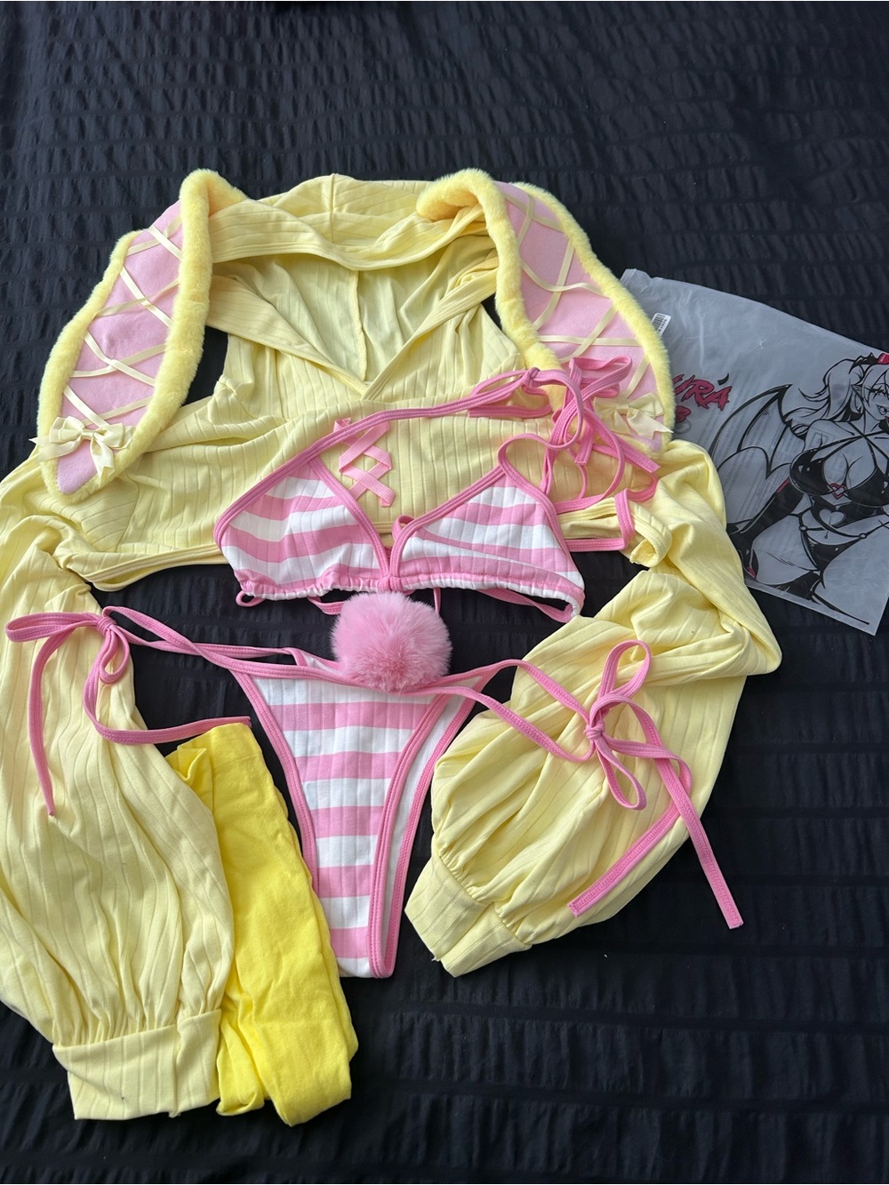 Korura Club NWOT Yellow and Pink knit Striped Bunny lingerie set
